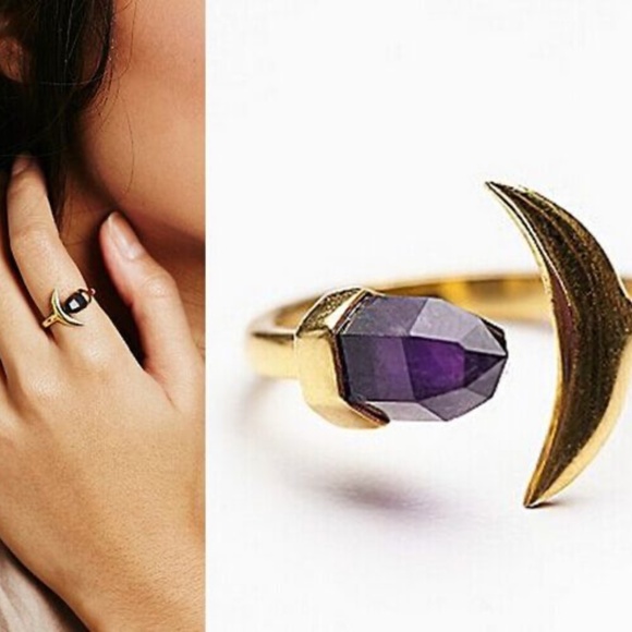 Jewelry - Crescent Moon Resin Crystal ‘ Amethyst ’ Gold Plated Ring